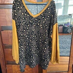 Leopard Print V-Neck Top with Mustard Sleeves